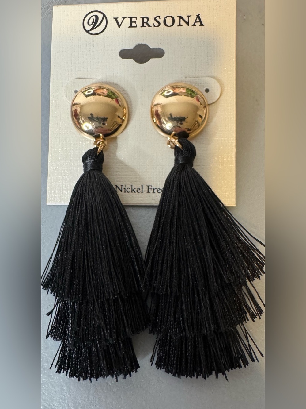 Versona Black Tiered Tassel Earrings with Gold Discs classy chic fringe boho